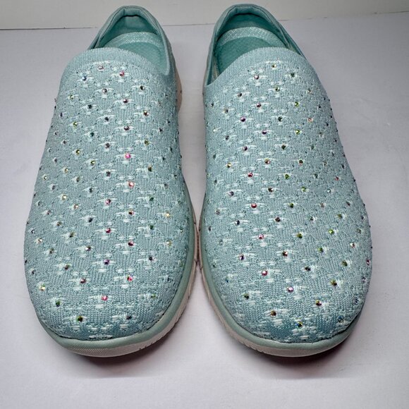 8.5 Wide Fit Skechers Women's Easy Going Rhinestone Knit Mules Glitz Strut Sage - Picture 2 of 16